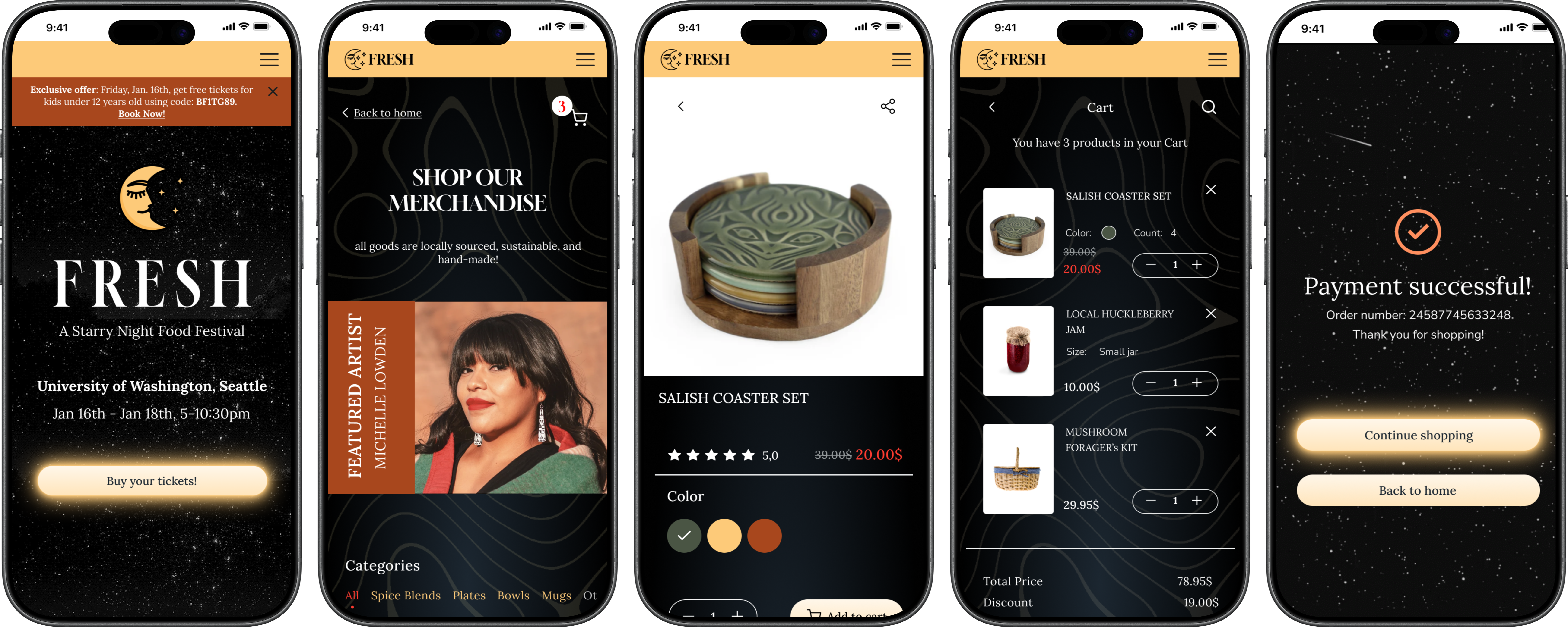 FRESH — Starry Night Food Festival hi-fi wireframes and app screens