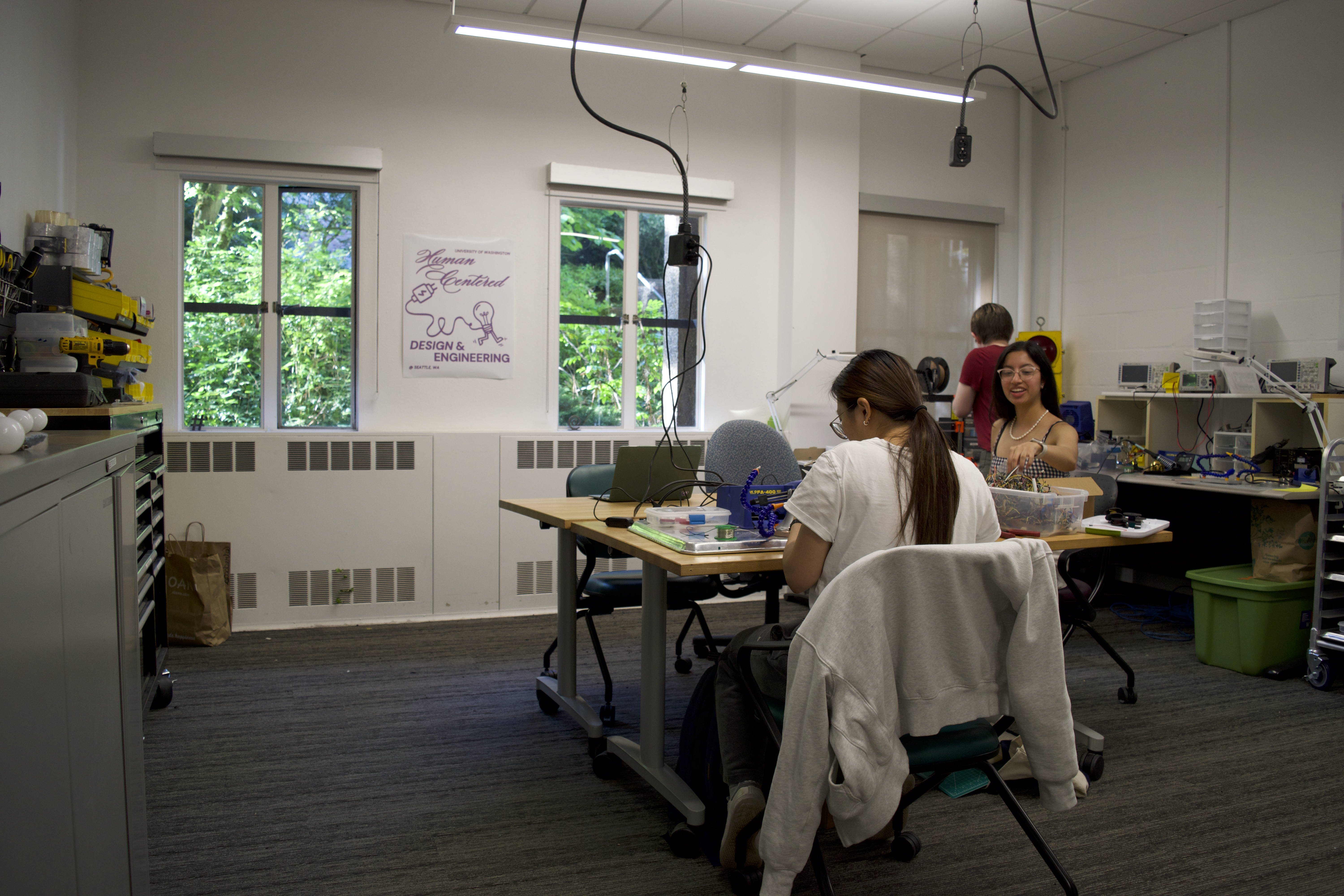MakeLab interior — organized tools, student art on walls, and welcoming workspace layout