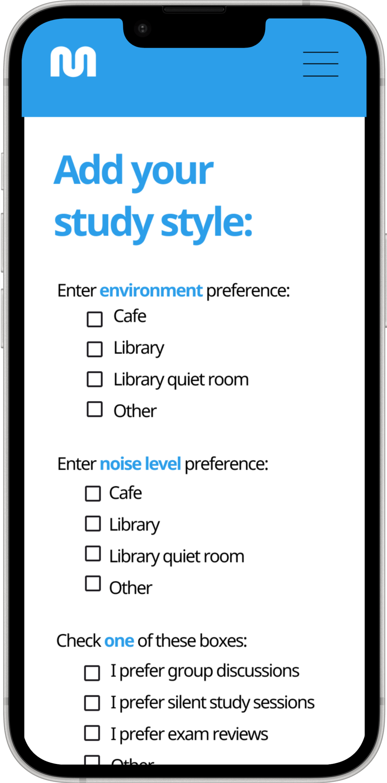 Minder study style screen — environment, noise level, and study interaction preferences