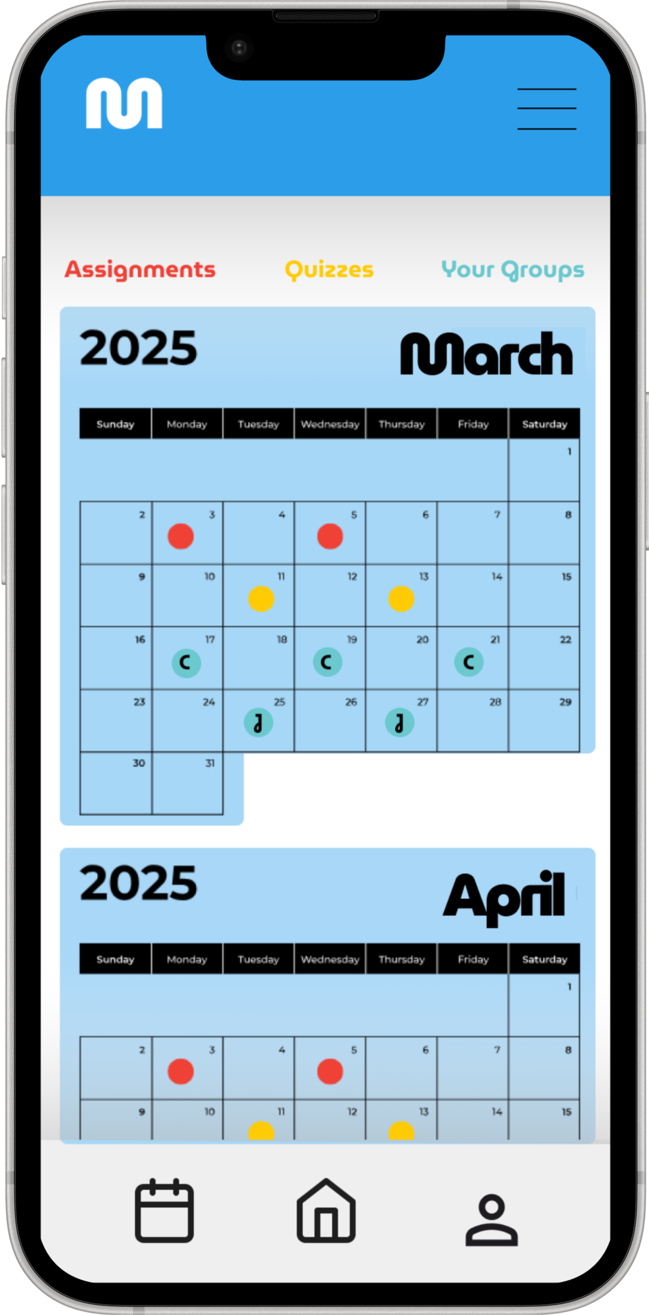 Minder calendar view — assignments, quizzes, and study group meetings marked by date