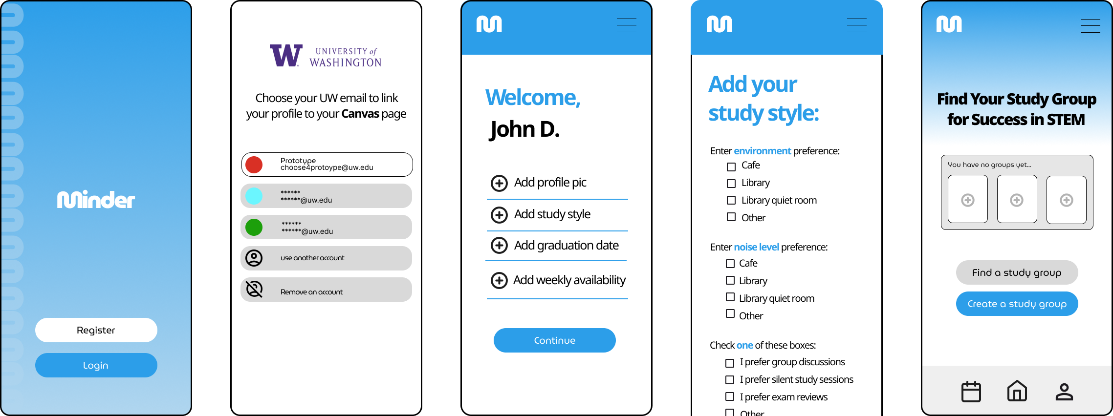 Minder onboarding and home screens — Canvas-linked courses and study group discovery