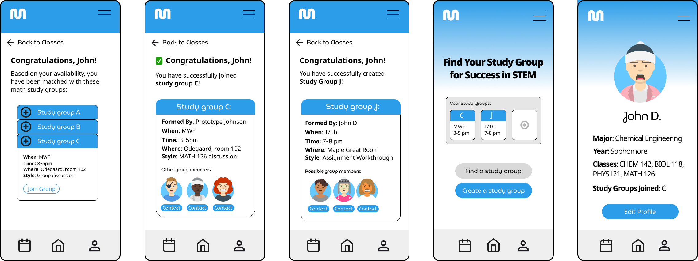 Minder group details, member profiles, and calendar view