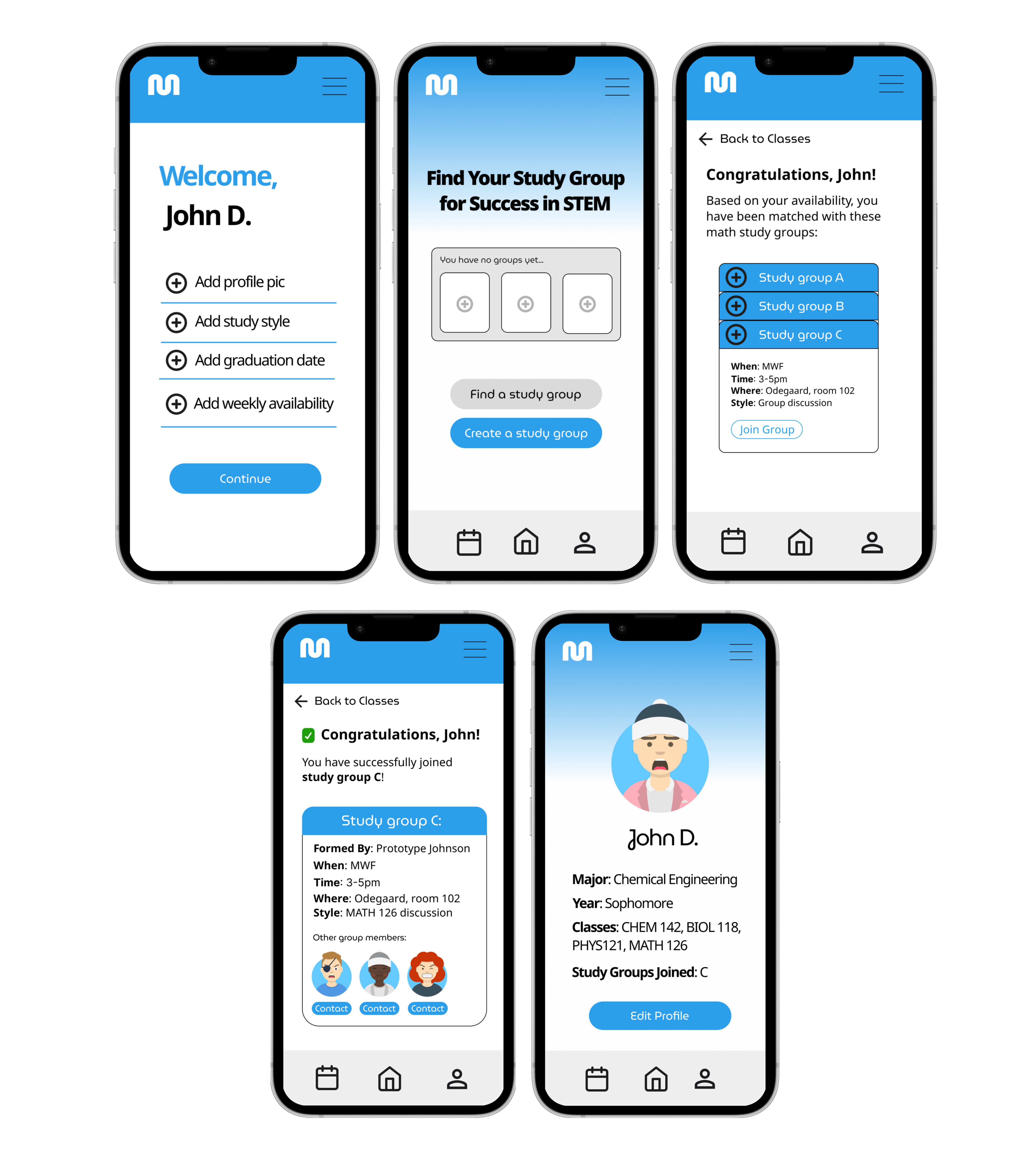 Minder hi-fi wireframes — onboarding, home, group matching, join confirmation, and profile screens