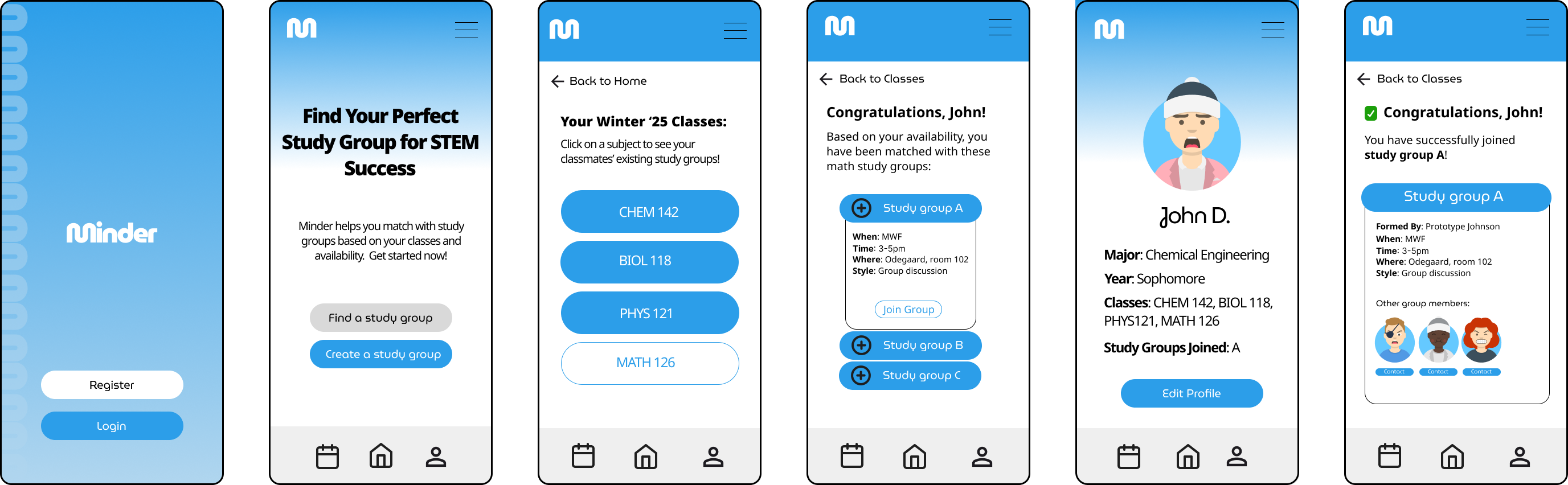 Mid-fidelity Figma screens — revised home flow and group discovery