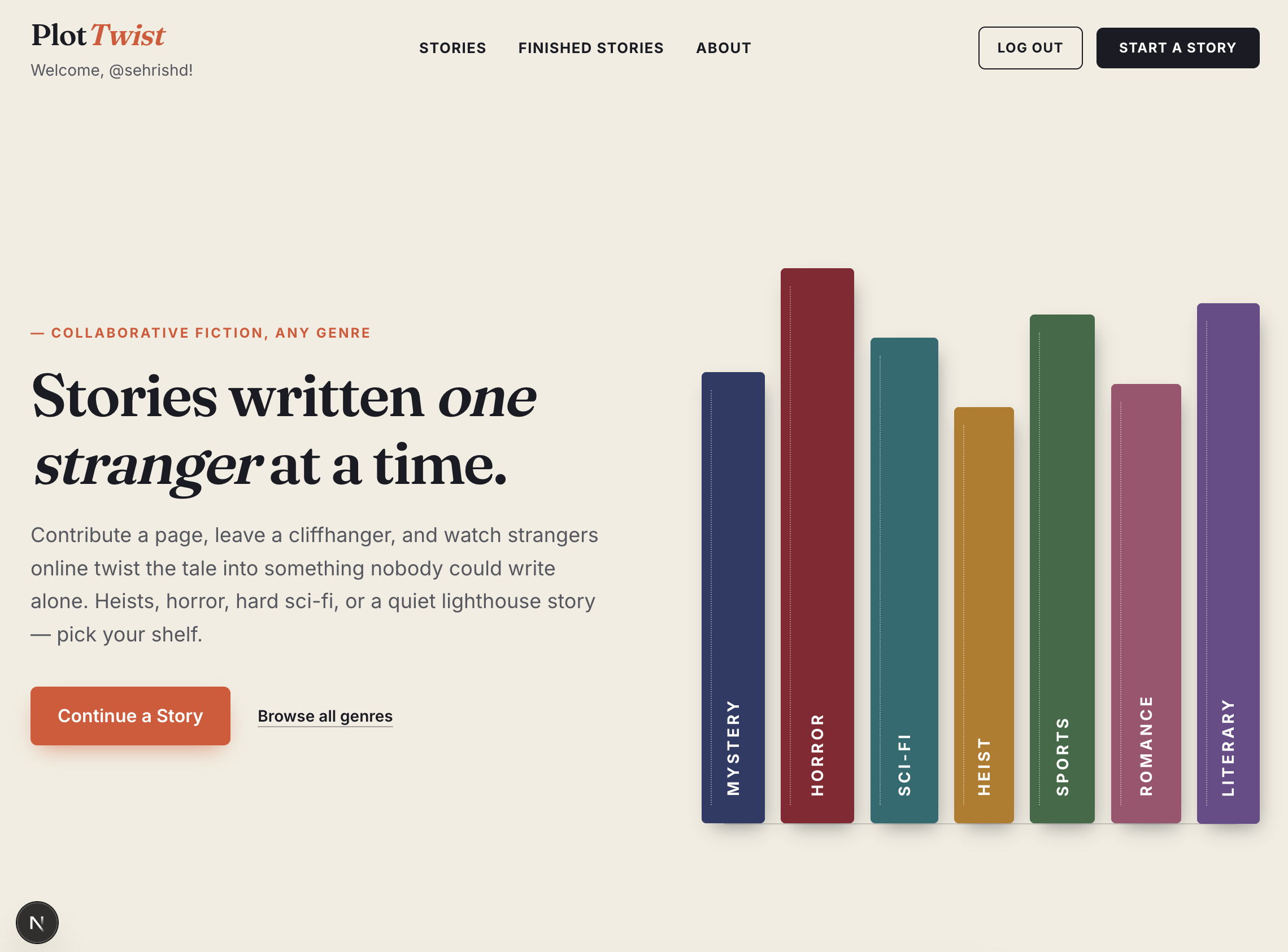 PlotTwist Version 1 homepage — hero copy and genre spine wall