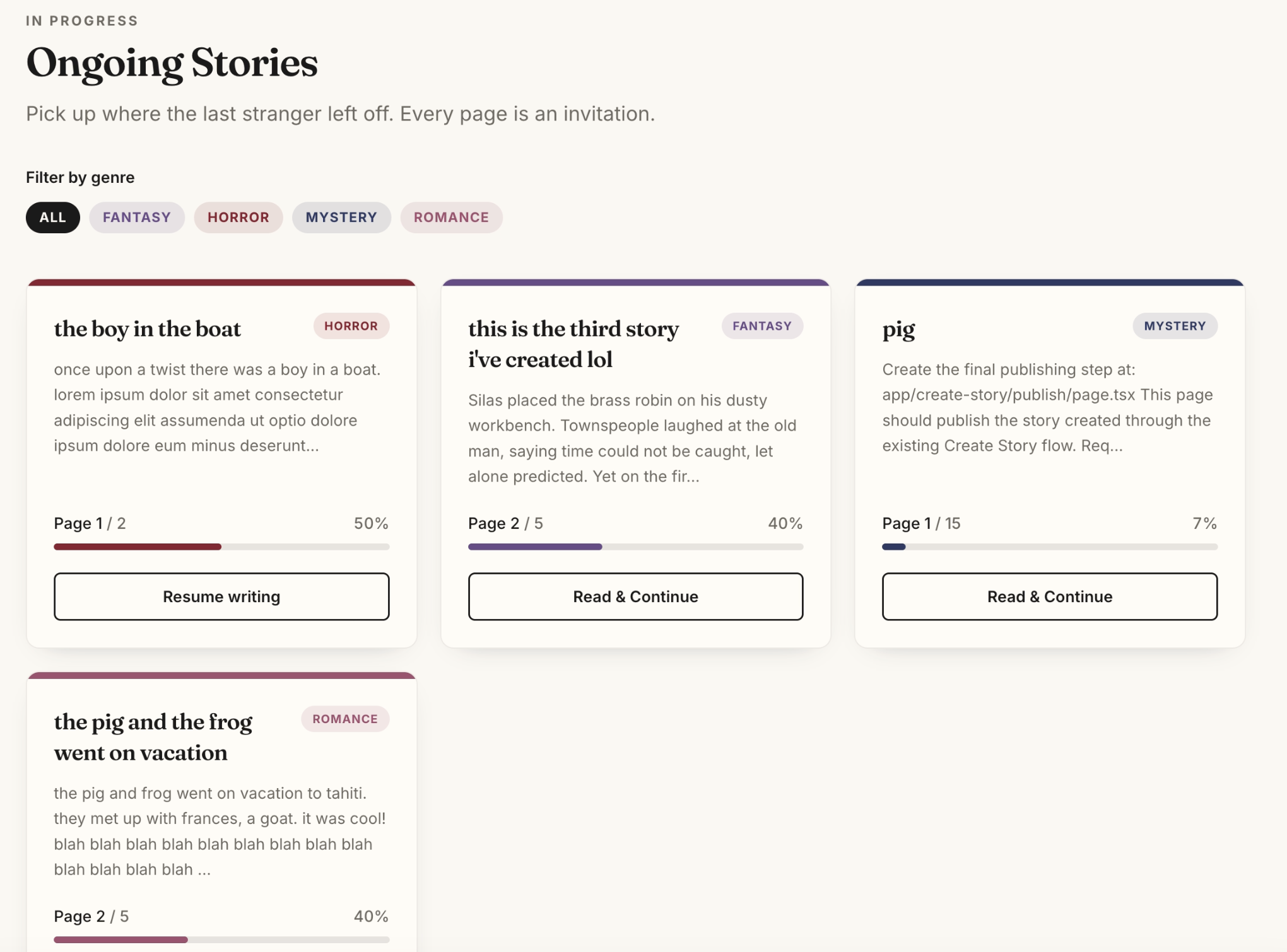 PlotTwist ongoing stories — genre filters and story cards with premise and progress