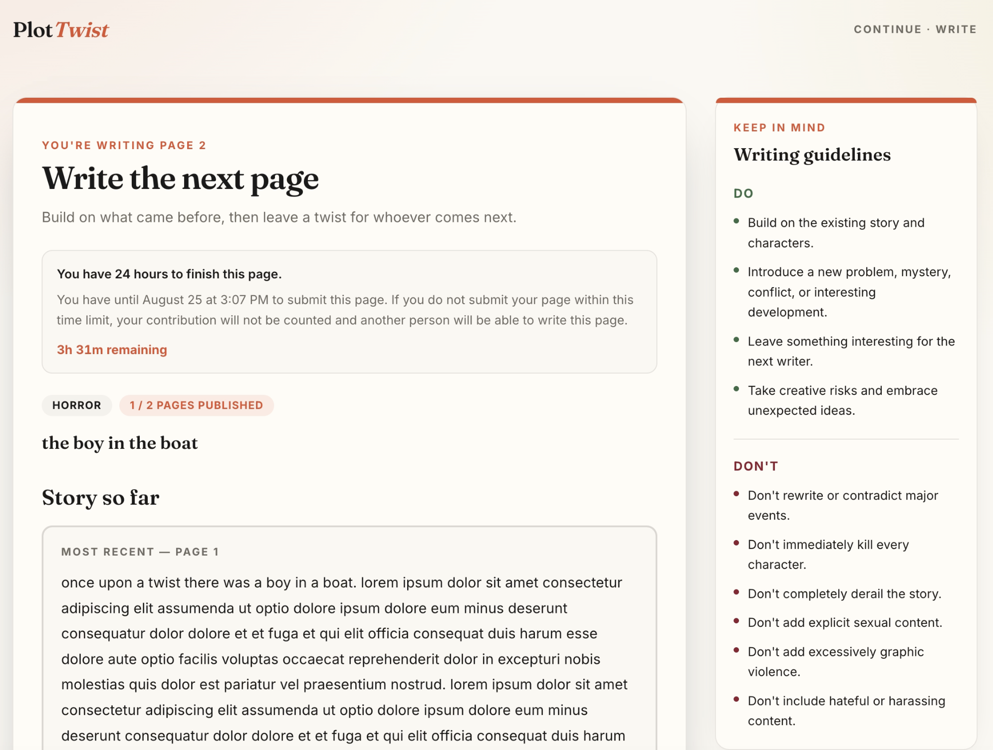 PlotTwist write the next page — story so far, page timer, and writing guidelines sidebar