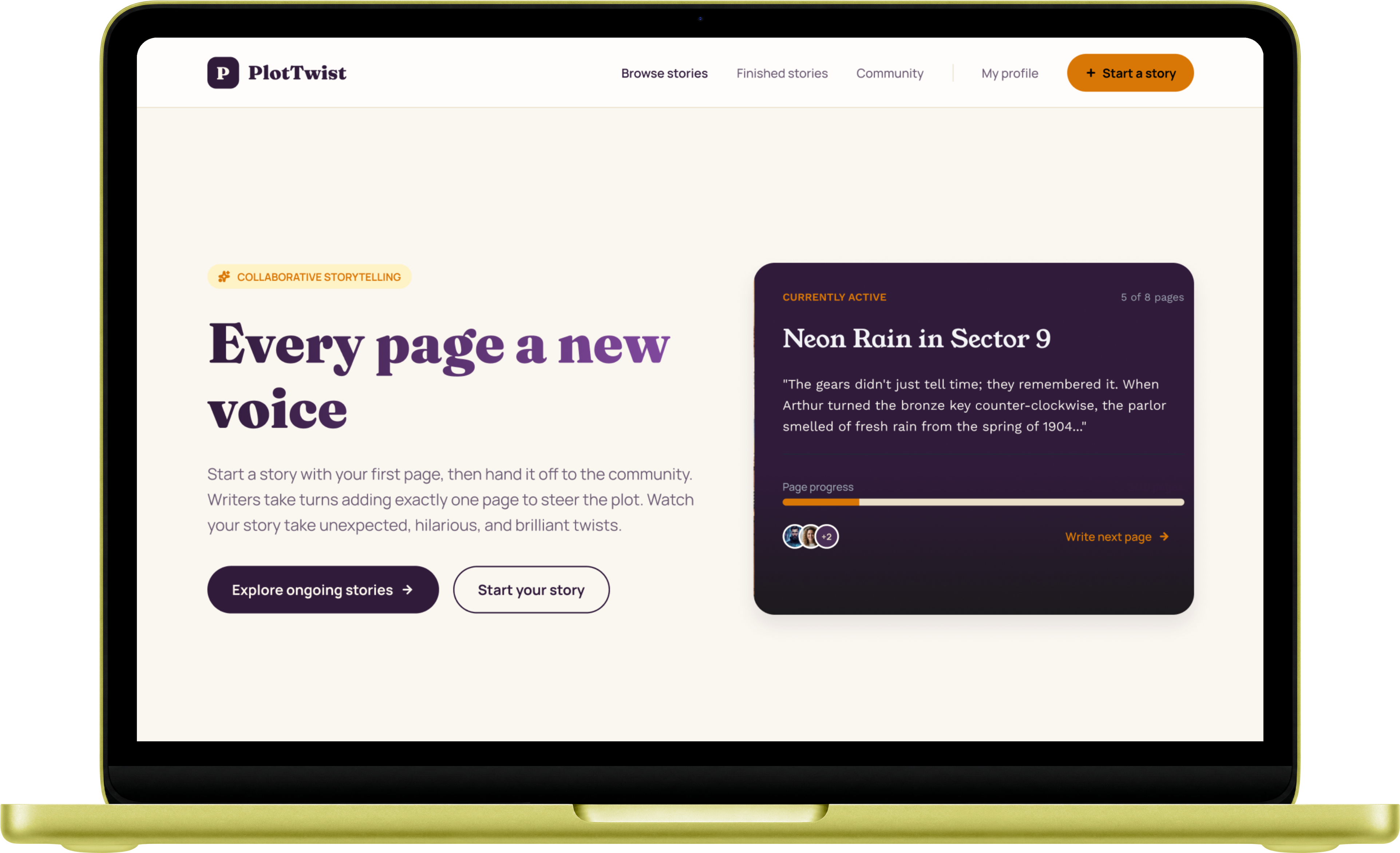 PlotTwist current homepage — collaborative storytelling with genre spines and ongoing stories